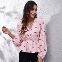 butterfly pattern lantern sleeves waist v neck long sleeve top new printed chiffon shirt 2022 fashion and elegant ladies clothes