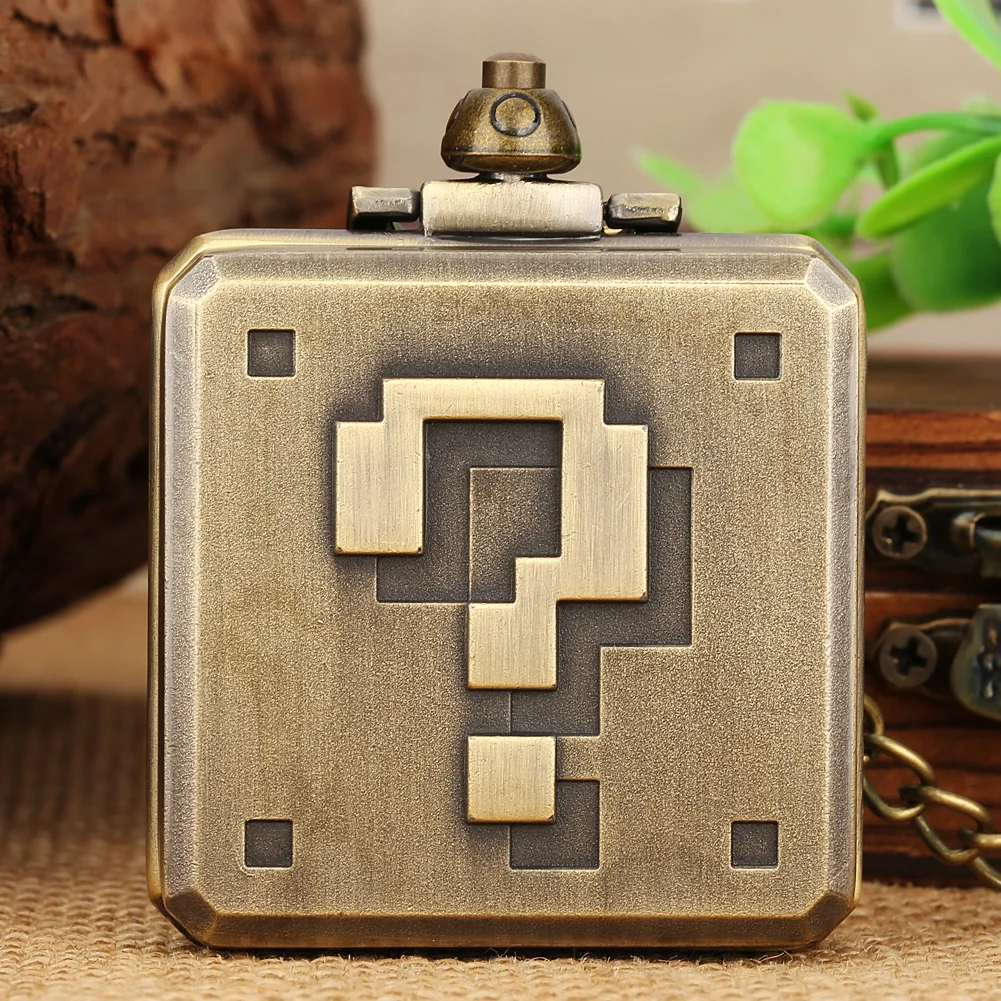 New Quartz Pocket Watch Pendant Creative Square Fun Question Mark Pattern Bronze Fob Watch Necklace Analog Clock Gift for Men