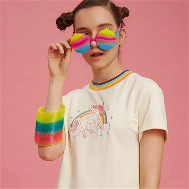 

Rainbow Unicorn Tee T-shirt Aesthetic Short Sleeve T-shirts Goth Vintage Gothic Anime Tops White Top 90s Crop