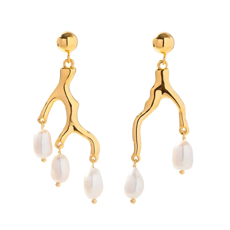 

Minar High Fashion Freshwater Pearl Long Dangle Earrings for Women 14K Gold Plating Brass Branch Hanging Earring Vintage Jewelry