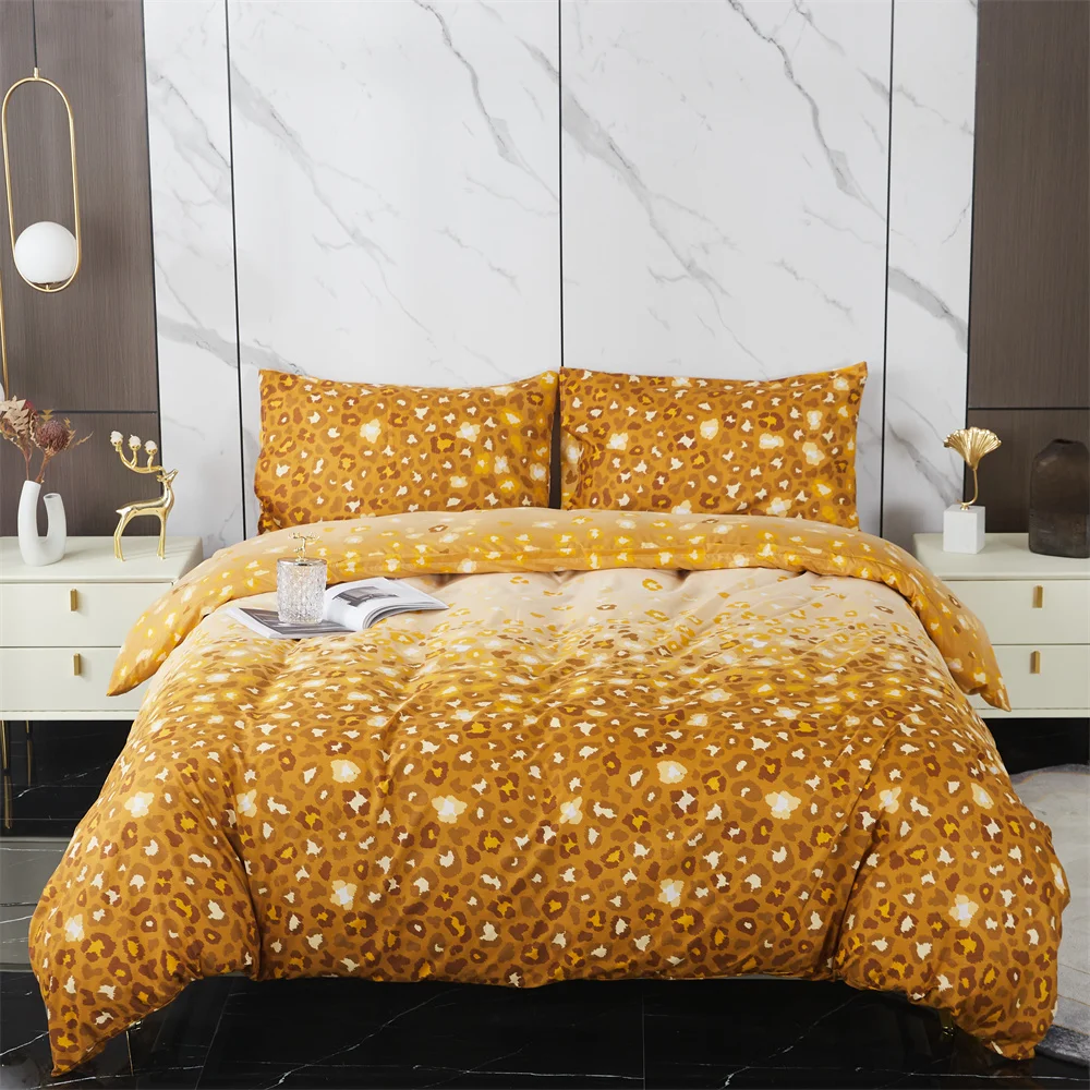 

Duvet Cover Set Queen King Size Yellow Color Bedding for Double Bed Leopard Pattern Quilt Cover with 2 Pillowcase Bed Cover Sets