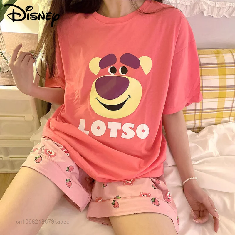 Disney Cartoon Lotso Korean Style Home Clothes Cute Strawberry Bear Pajama Suit Summer Shorts T-shirts Tops Women Y2k Sleepwear