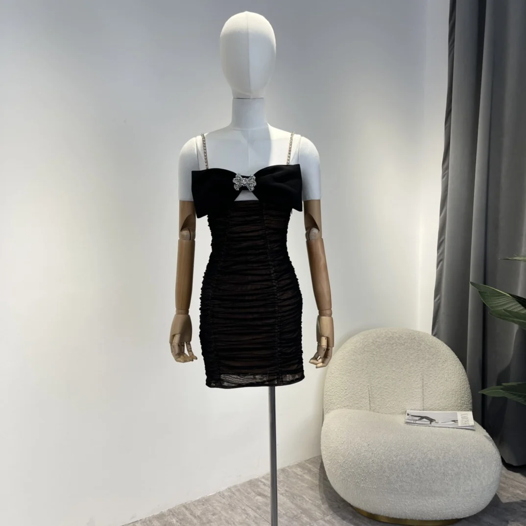 

Женское платье выше колена, черное Тюлевое платье с бантом, расшитое бисером и бриллиантами, осень 2022