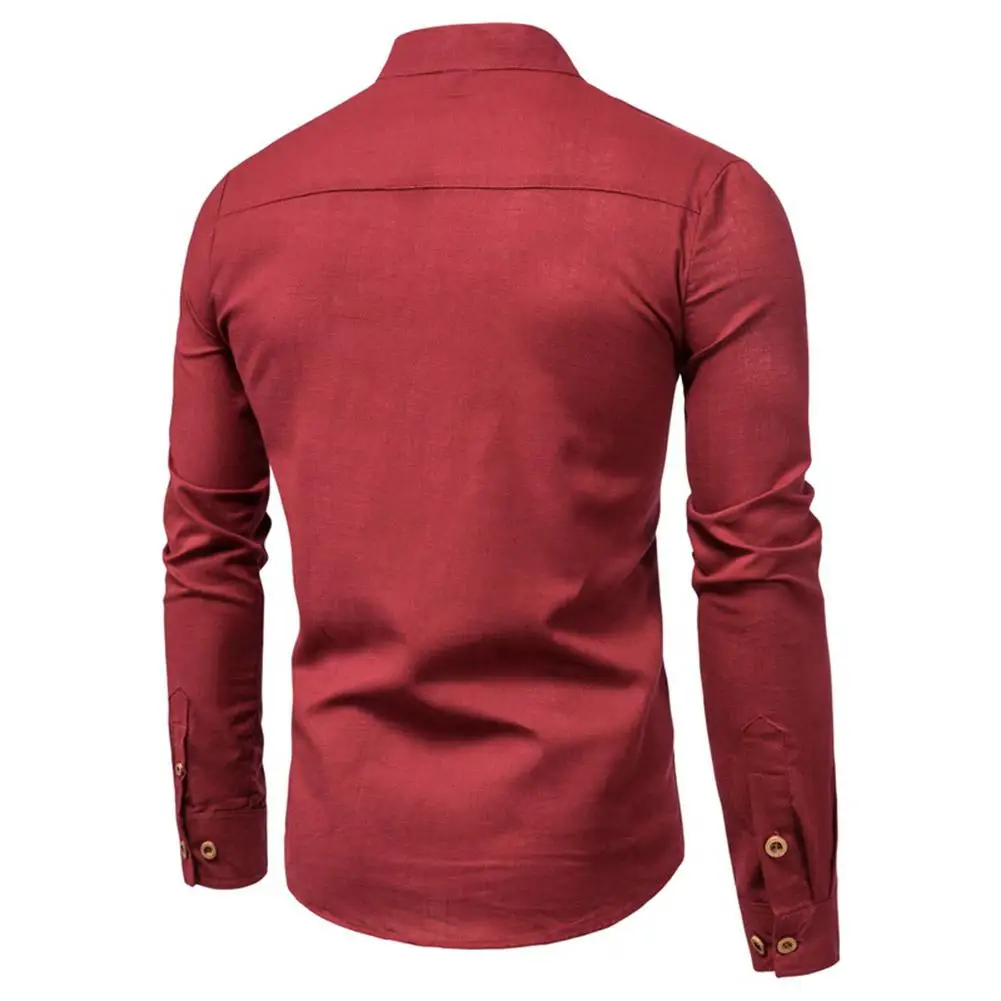 2022 New Men Stand Collar T-shirt Long Sleeves Slim Fit Pullover Tops Simple Casual Solid Color Cotton Linen Shirt