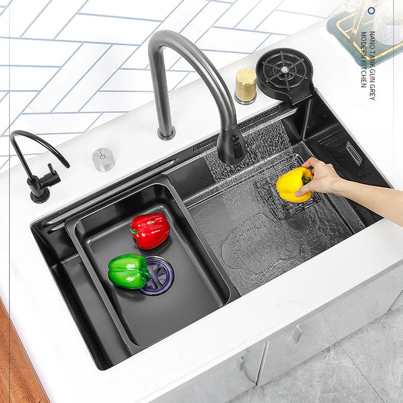 

304 Stainless Steel Kitchen Sink Waterfall Fauccet Large Single Slot Black Topmount Undermount Wash Basin Kitchen Accessories