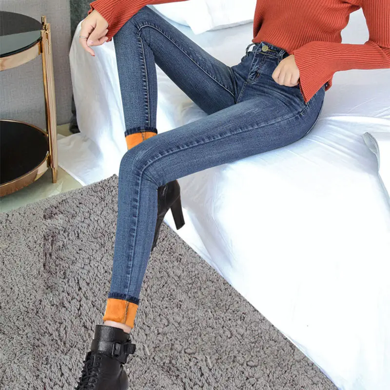 

Женские теплые обтягивающие джинсы, синие Зимние джинсовые брюки, джинсовые брюки до щиколотки, женские Теплые повседневные джинсовые брюк...