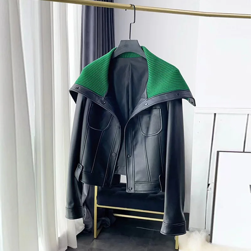 

Женская куртка из натуральной овечьей кожи, зеленое Свободное пальто составного кроя с вязаным воротником, Y2K, зима-весна