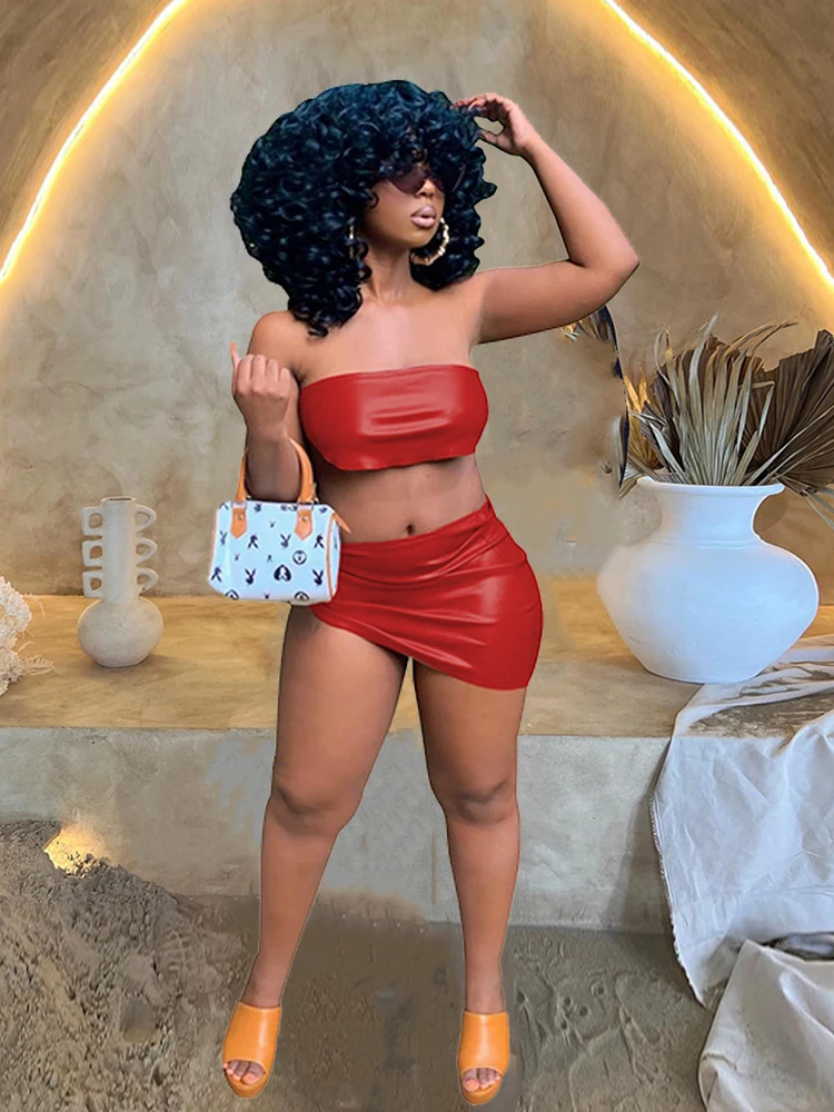 

Комплект из двух предметов для женщин, подходящие комплекты, сексуальная одежда для ночного клуба, кожаные костюмы без бретелек, оптовая продажа, Прямая поставка