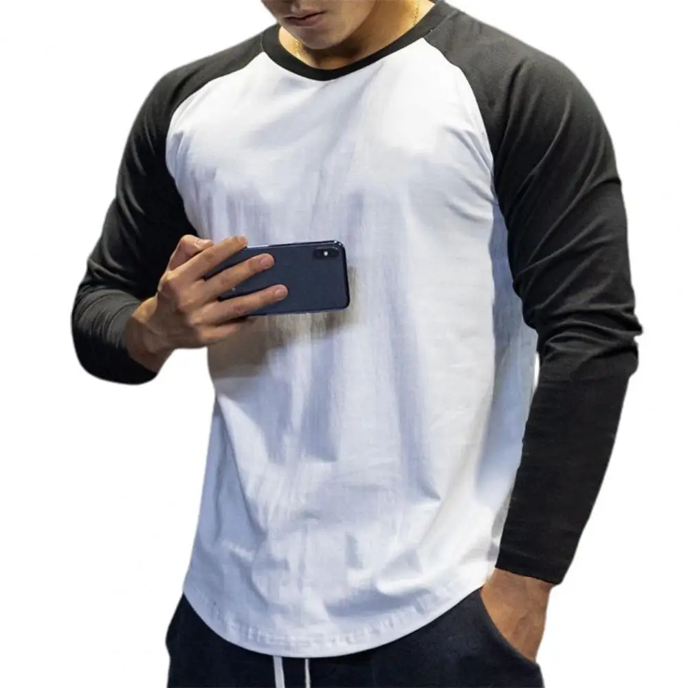 

Men Cotton T-shirt Spring Contrast Colors Long Sleeve Patchwork Shirt Workout Fitness Mens Clothing Breathable Round Neck Top