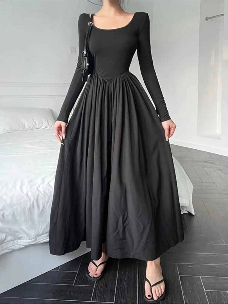 

Elegant Fashion A-Line Dress Casual Basic Slim Solid O-Neck Long Sleeve Maxi Dresses For Women 2022 Autumn Spring Ladies