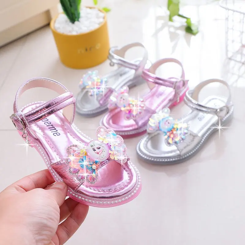 

Disney Girls Sandals New Children's Cartoon Rhinestone Soft Bottom Bowknot Frozen Elsa Fashion Princess Shoes