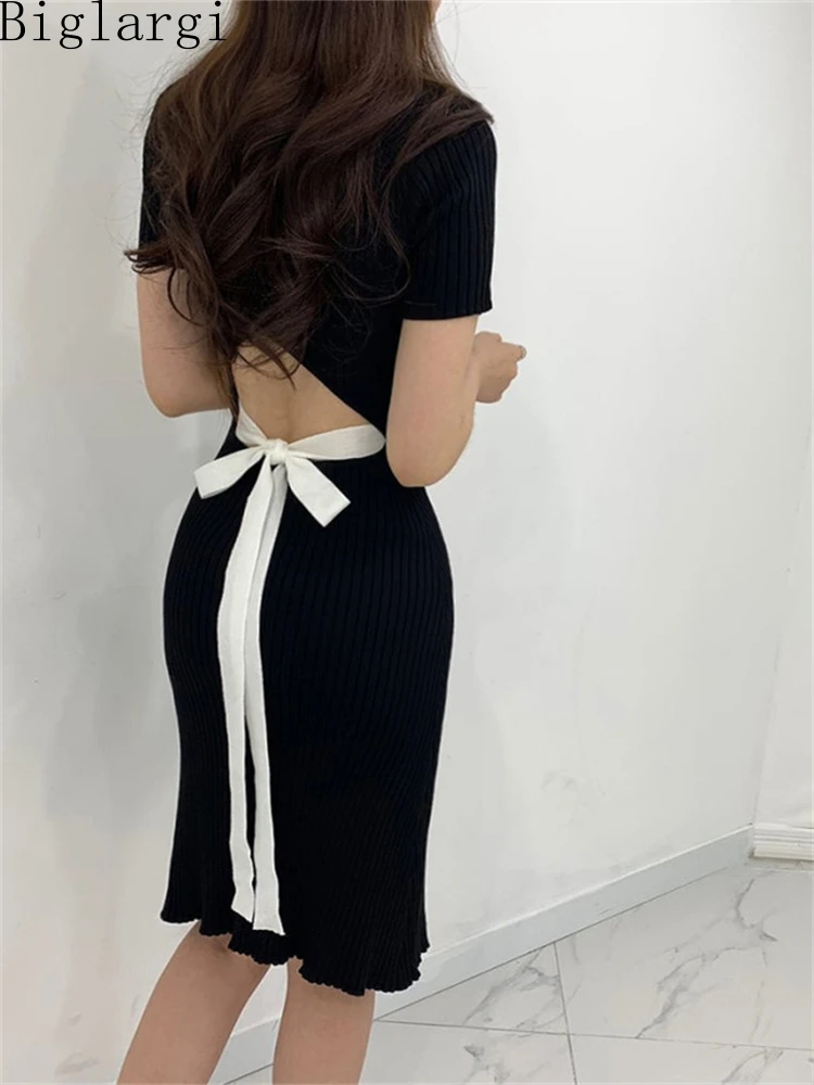 

Korea New Sexy Back Hollow Out Summer Fashion Women Bow Knitted Dress Modi Ladies Casual Office Black Pullover Knit Midi Dresses