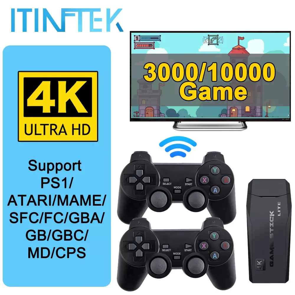 Wireless Video Game Console 4K HD Display on TV Projector Monitor Classic Retro Double Controller 64GB 10000 Games