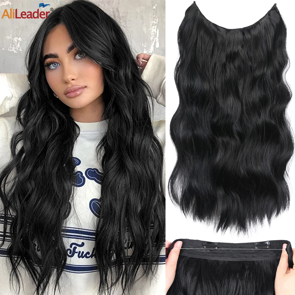 

20" Wire Secret Fish Line Hair Extensions Long Curly Wavy Hairpieces Invisible Fish Line With Two Clips Synthetic Hair Extension