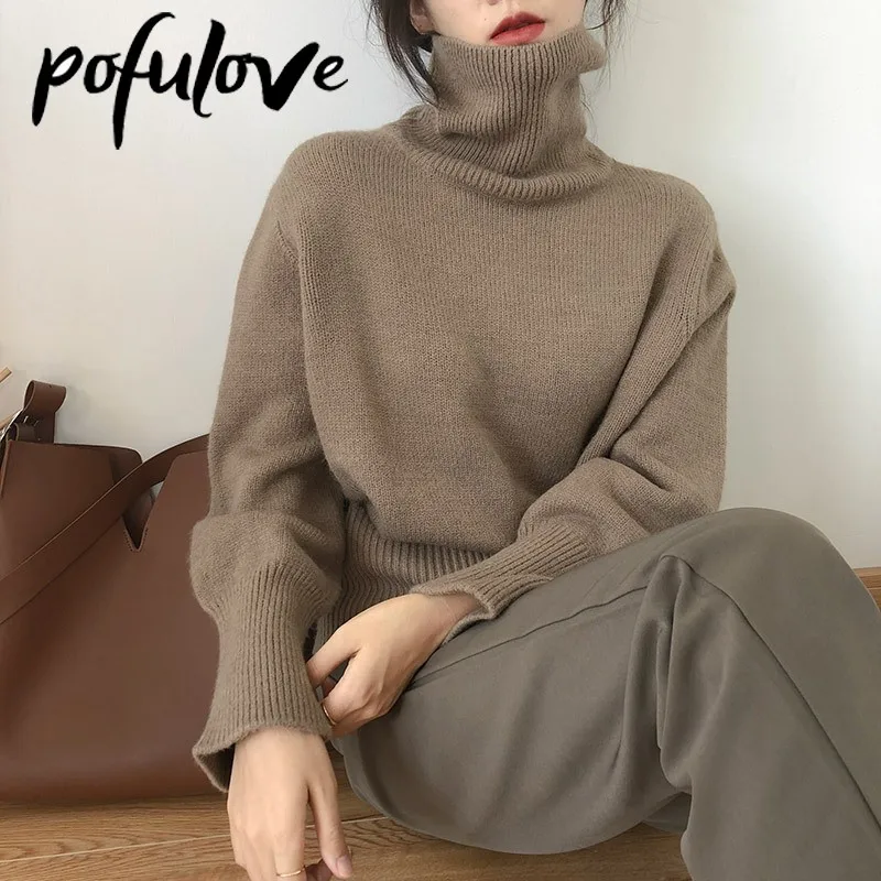 

Turtleneck Sweater for Women Loose Korean Casual Pullover Solid Knitwear Lazy Style Vintage Knitted Sweater Autumn and Winter