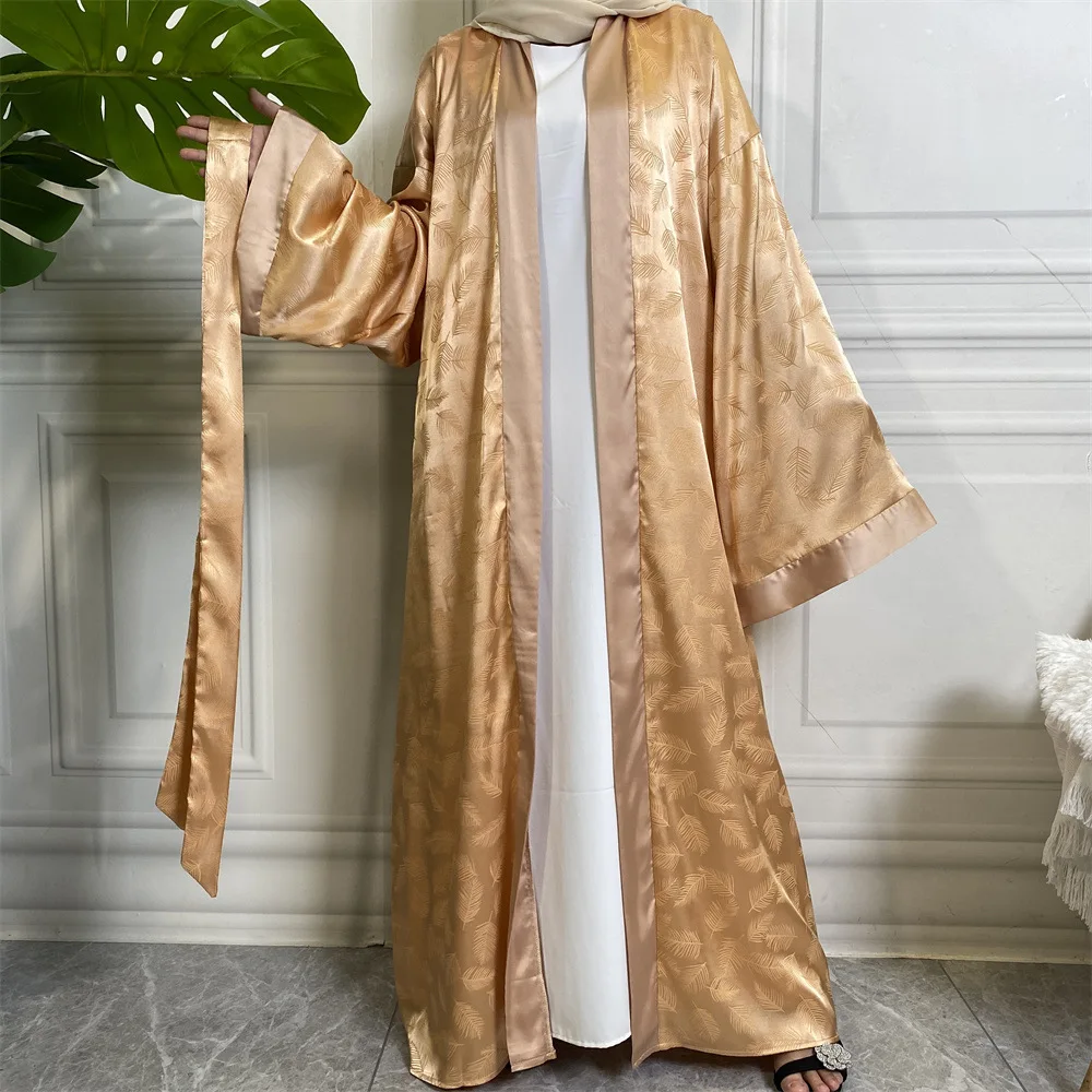 Middle East Fashion Printed Satin Cardigan Robe Loose Sleeve Muslim Dress Open Abaya Women Islamic Clothing Turkish Tunic Kimono