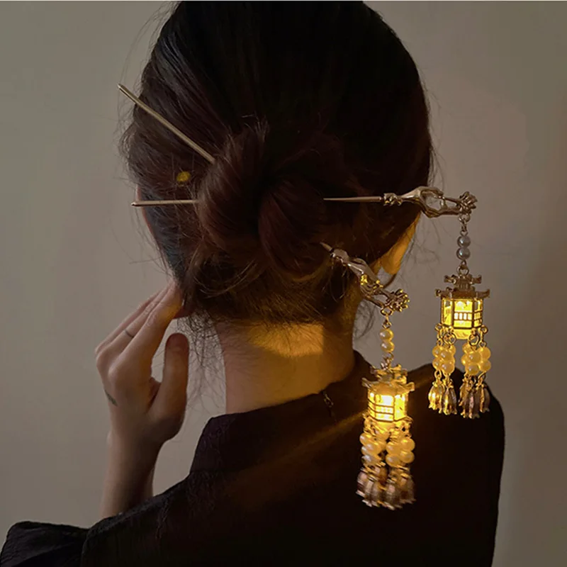 

Ancient Style Hairpin Claw Clips Chinese Palace Lantern Hair Sticks Forks Retro Lotus Flower Tassel Headpieces for Women Girls