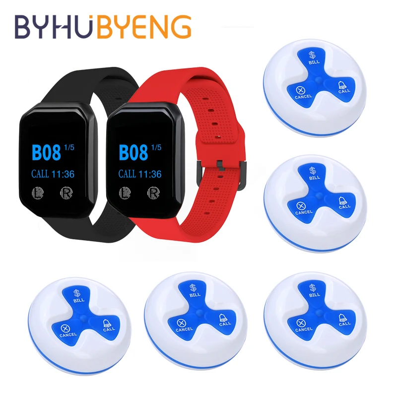 BYHUBYENG Restaurant Pager Waiter Calling System 2Pcs Watch Receiver 5pcs Call Buttons Wireless Call Office Bar Pager