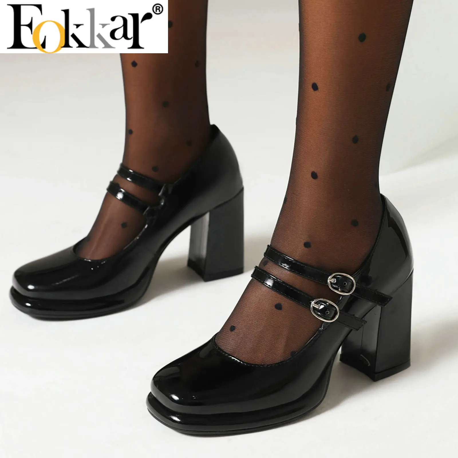 Eokkar Women Square Toe Patent Leather Mary Janes Two Buckle Pumps Platform Chunky Heel Vintage Dress Shoes White Block Pumps