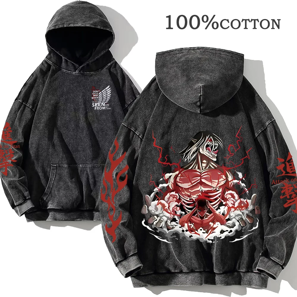 

Attack On Titan Hoodie Acid Mineral Wash Vintage 100% Cotton Anime Classic Street Style for Unisex Adults' Hot Stamping