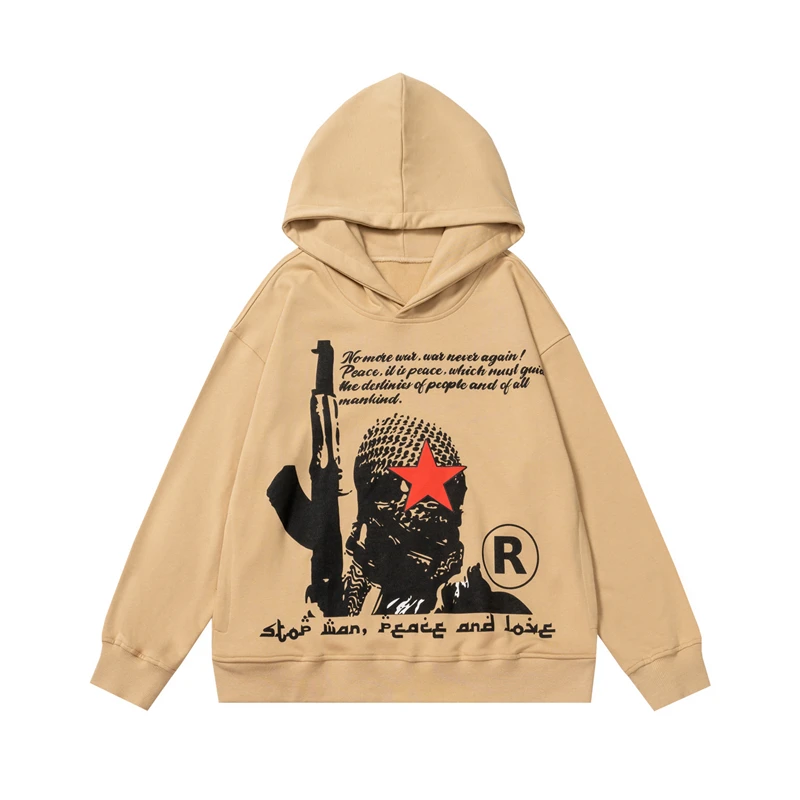 

High Street Front Pockets Gun and Character Letter Print Hooded Hoodies Men's Retro Hip Hop Loose Terry Pullover Sweatshirts