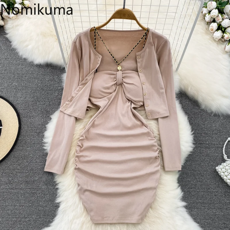 

Nomikuma Two Piece Sets Womens Outifits Slim Bodycon Pleated Solid Color Conjuntos De Saias Elegant Fashion Skirts for Women