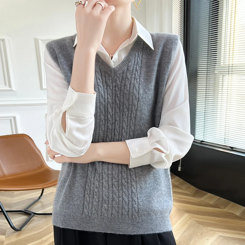 Женский шерстяной вязаный жилет однотонный Свободный с V-образным вырезом