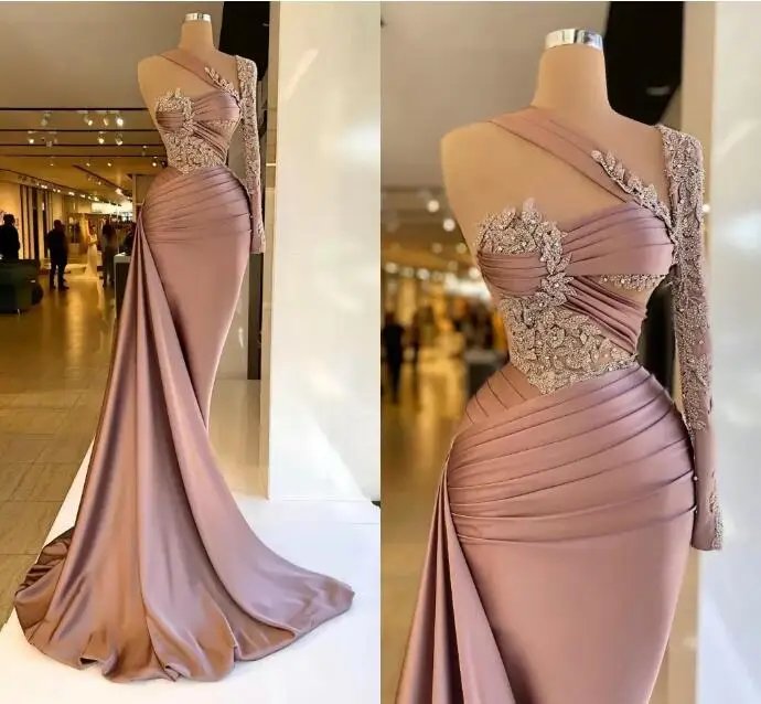 

Pale pink stain Prom Dresses Single Long Sleeve Appliques Mermaid Long Train Women Evening Pageant Gowns Plus Size