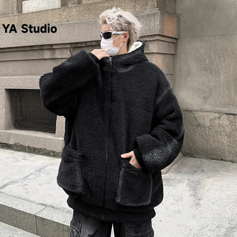 

[YA Studio] 2023 New Lamb Wool Coat Male Winter Thicker Korean Version Of The Trend To Do Old Tie-dye Loose Hooded Quilts