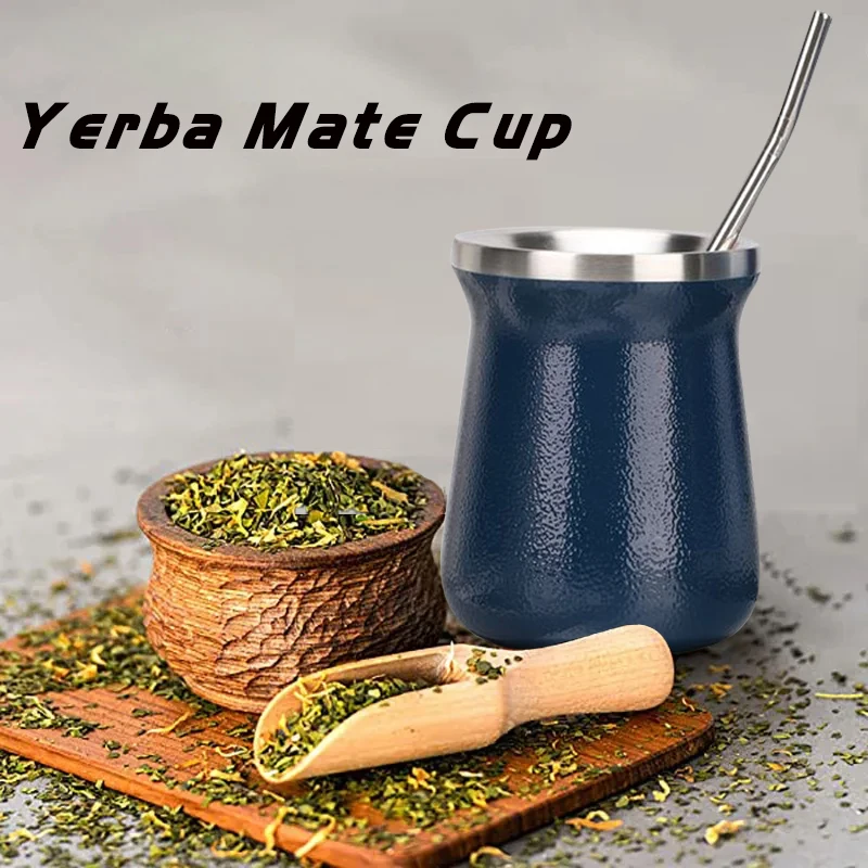 

Yerba Mate Cup 304 Stainless Steel Double Wall 8oz Portable Tea Mug Argentine Yerba Mate Gourd With Bombillas and Cleaning Brush