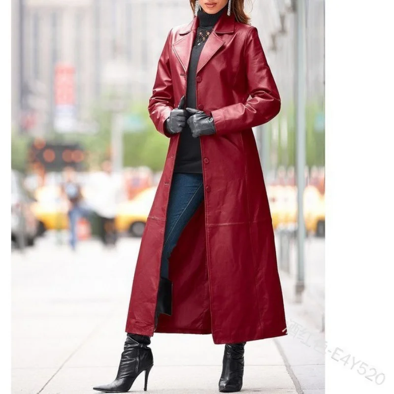 Women's Lapel Beltless Leather Coat Long Coat Slim Slim Leather Trench Coat enlarge