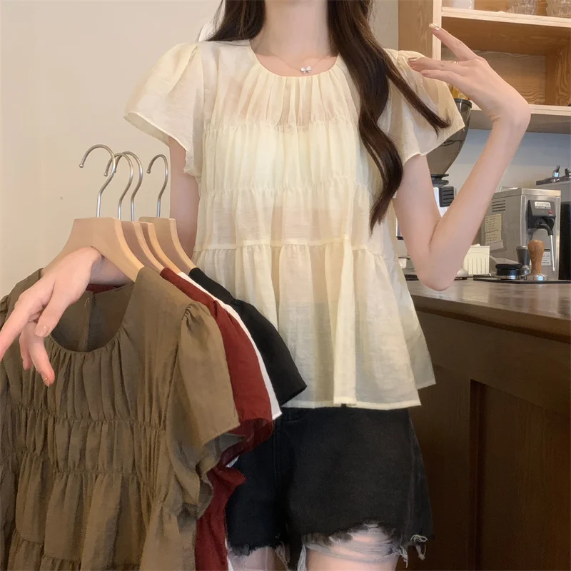 

French Style Flying Short Sleeve Chiffon Shirt Casual Solid Pleated Tops Sweet O-neck Hollow Clothes Summer White Blouse 27084