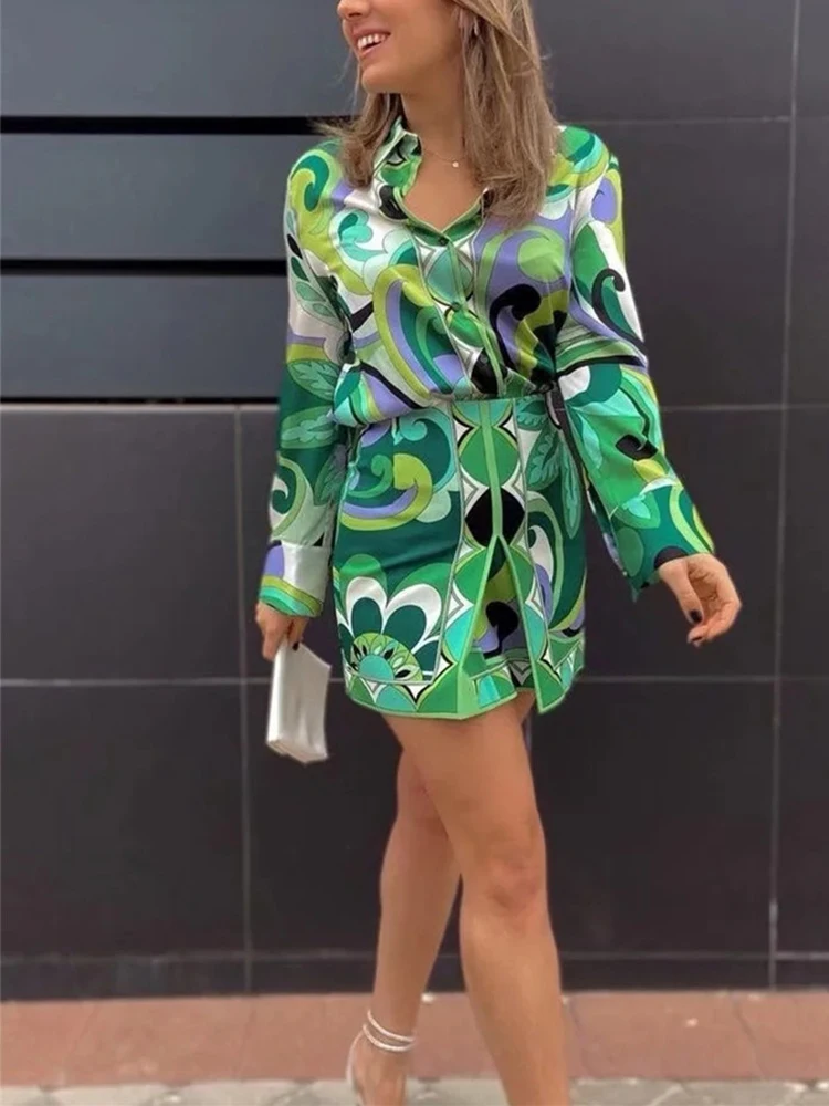 

TRAF Women Fashion Floral Print Loose Blouses Vintage Long Sleeve Female Shirts Blusas Chic Tops+skirt suit