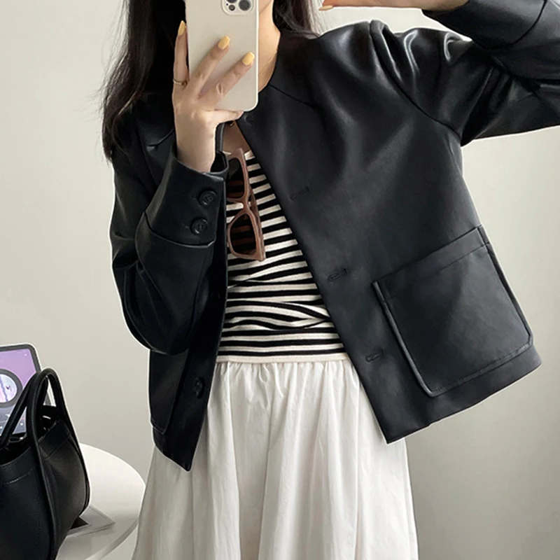 Pu Leather Jacket Women Black Soft Faux Leather Jacket Fashion Round Collar Leather Coats Female Bomber Solid Pockets Clothes