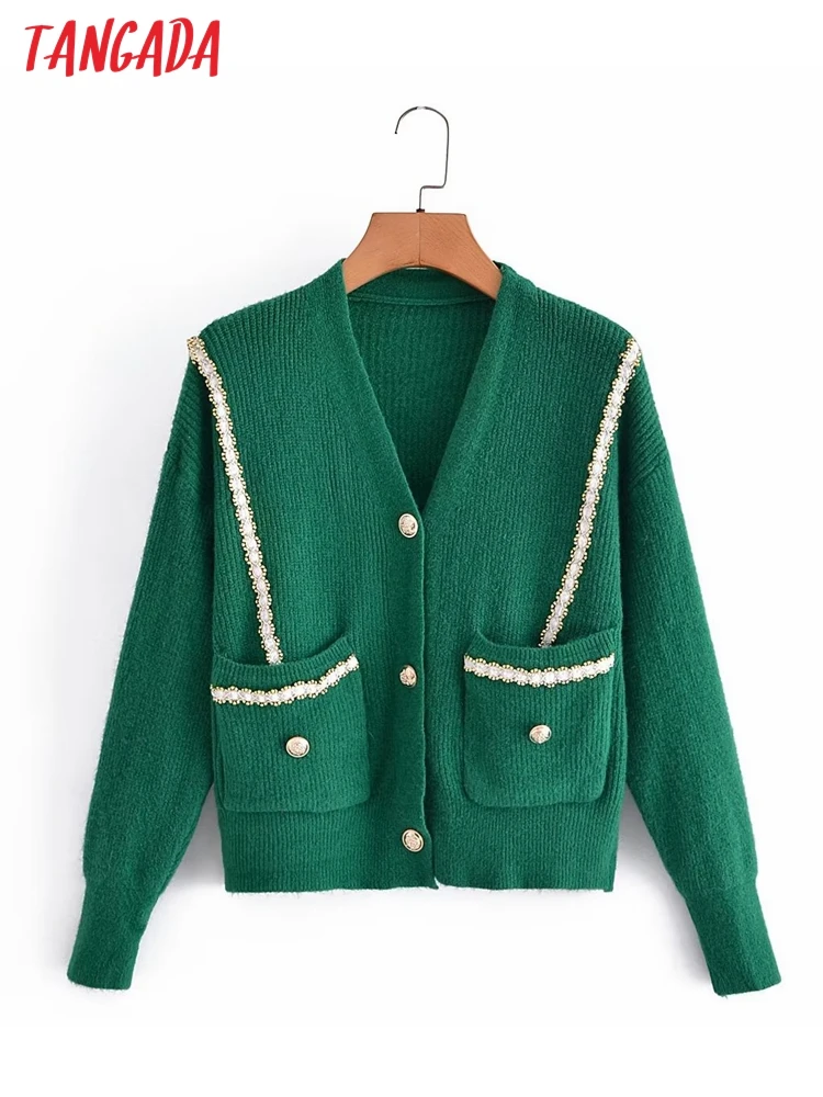 

Женский вязаный кардиган с бисером Tangada, зеленый винтажный кардиган с длинными рукавами и карманами, верхняя одежда для женщин, 2022, 2L15