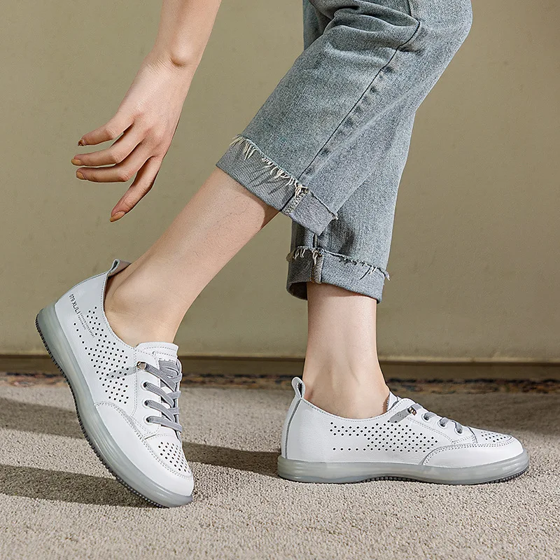 Women's Shoes Platform Sneakers Flat 2023 New Head Layer Cowhide Openwork Ventilable Hole Shoes Small White Shoes Loafers