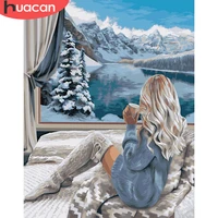 huacan coloring by number girl figure kits acrylic handpainted picture by number snow mountain oil painting on canvas decoration