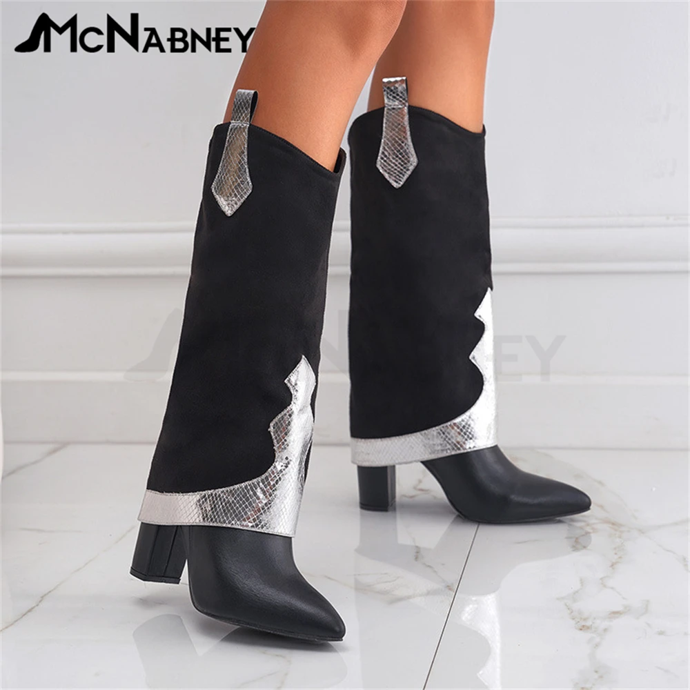 Novelty Chelsea Women Boots Knee Boots Retro Fashion Style Women Shoes Chunky Heels Round Toe High Heels Classics Boots Women