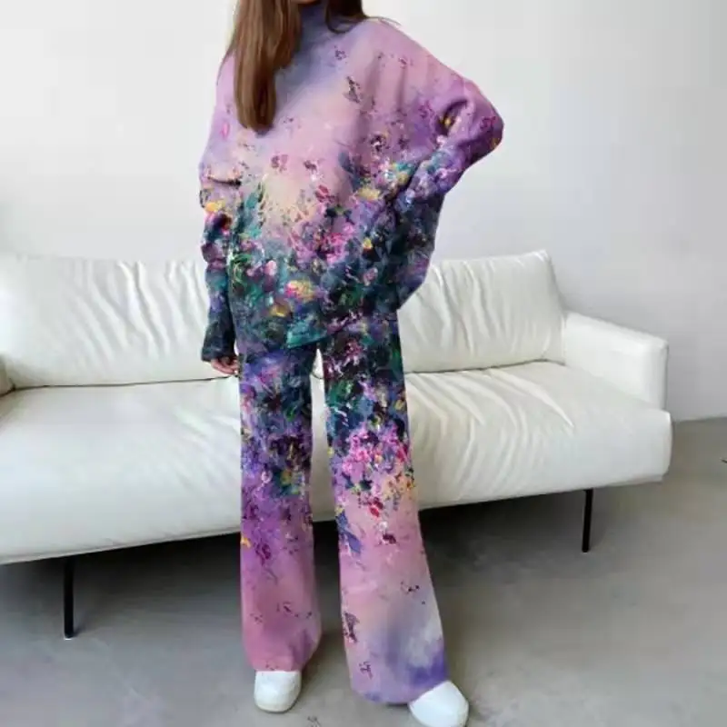 

2022 Spring Autumn Loose Two Piece Set Women Turtleneck Top Wide Leg Pants Casual Suit Femme Streetwear Retro Print Pants Suit