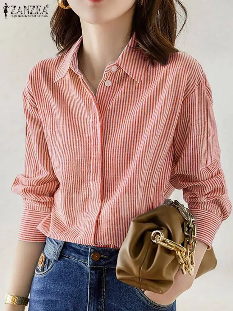 

ZANZEA, модная Осенняя блузка с отворотом и длинным рукавом, Повседневная блуза на пуговицах, Женская туника, топы для женщин, OL, рубашка в полоску