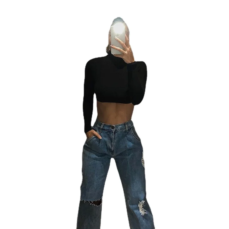 

Новинка, базовая Женская Однотонная футболка-футляр с высоким воротником, осенняя эластичная Повседневная Нижняя рубашка, женские универс...