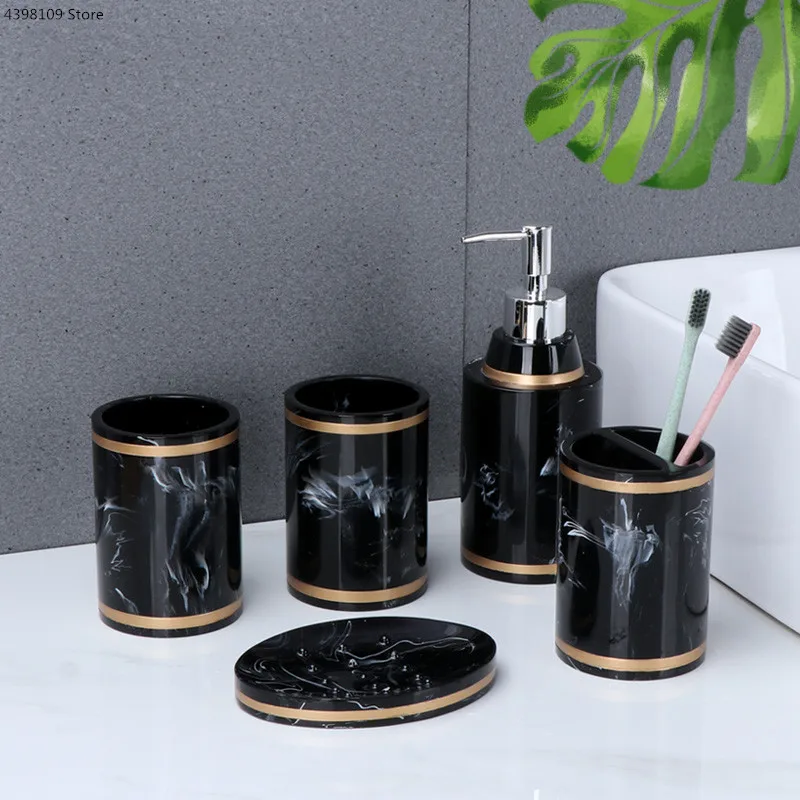 

Marble-like Texture Bathroom Products, Resin Soap Dispenser, Toothbrush Holder, Tray, Mouthwash Cup, Bathroom Accessories Set