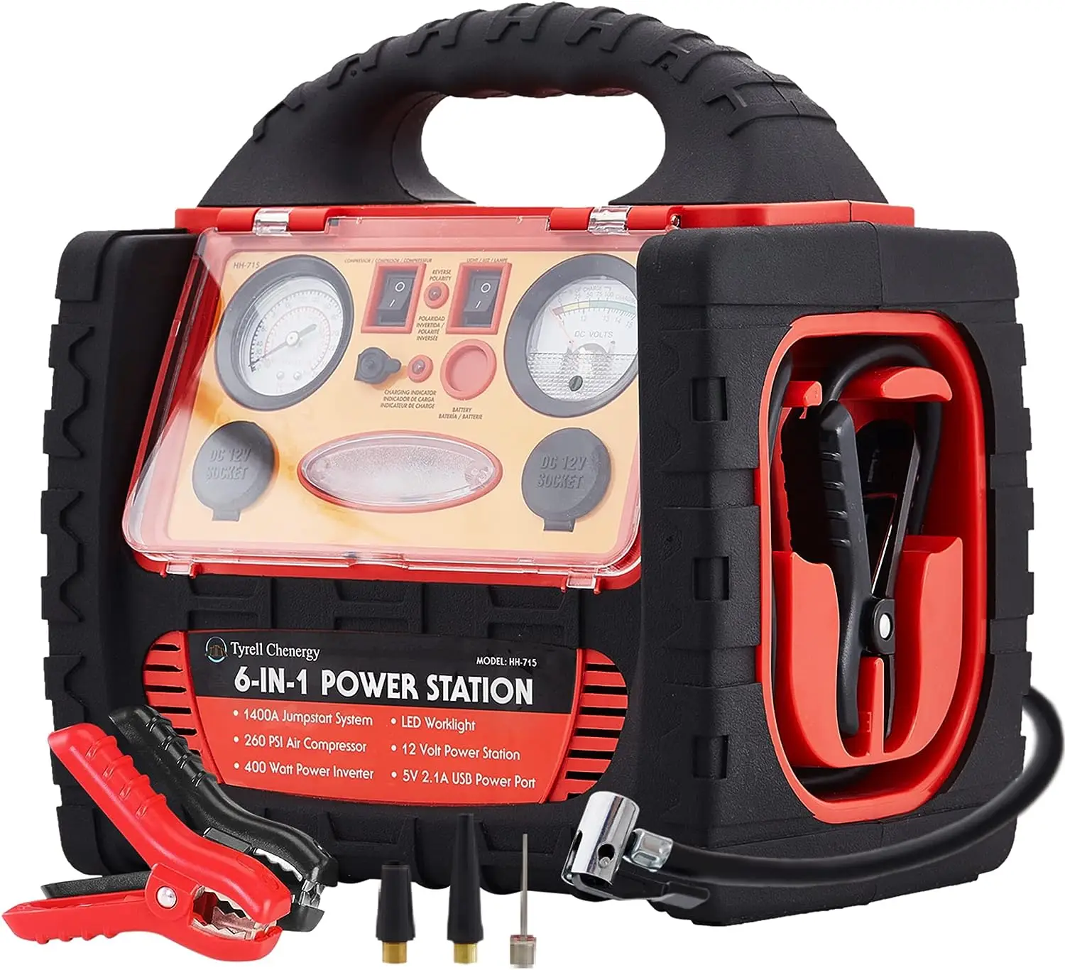 

Peak Amp Portable Power Station Jump Starter,with 260 PSI Tire Inflator/Air Compressor,400W Power Inverter Dual AC/DC Ports,2.1A