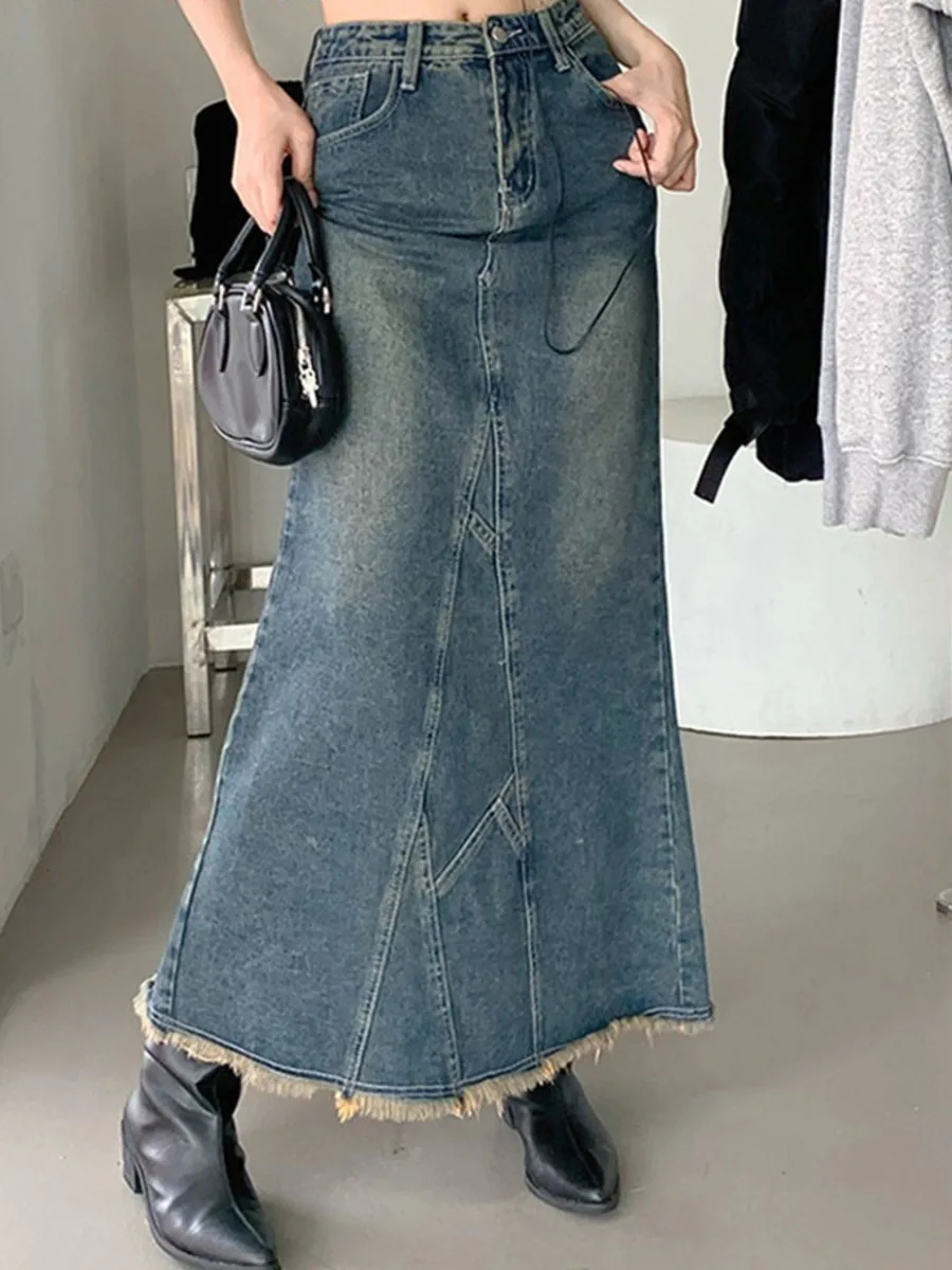 

Американская джинсовая юбка-годе в стиле ретро, Женская винтажная облегающая юбка Y2k с завышенной талией в стиле стимпанк, юбка макси в Корейском стиле