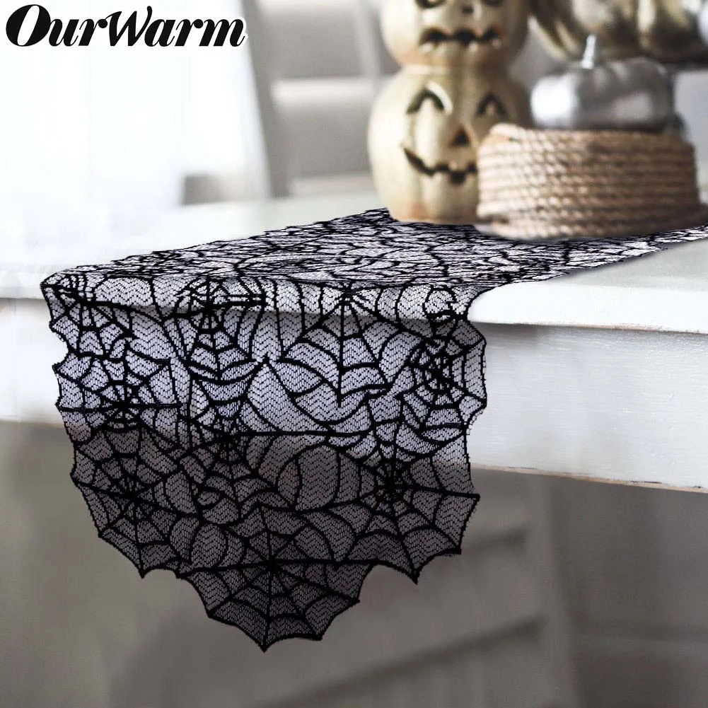 

Ourwarm Halloween Spider Web Table Runners 20" x 80" table cover Black Lace Tablecloth Halloween Table Decors Horror House Prop