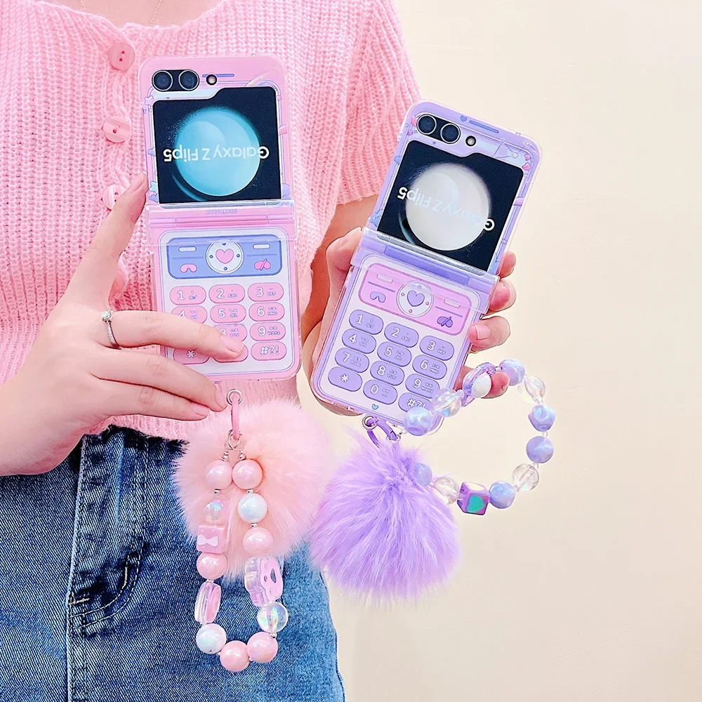 

Korean Style Telephone with Hairball Bracelet Phone Case for Samsung Galaxy Z Flip 3 4 Z Flip 5 5G Hard PC Back Cover Funda