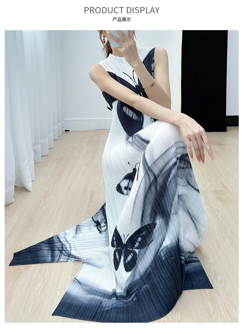 HOT SELLING Miyake fashion  sleeveless v-neck fold  Butterfly print A-LINE dress IN STOCK