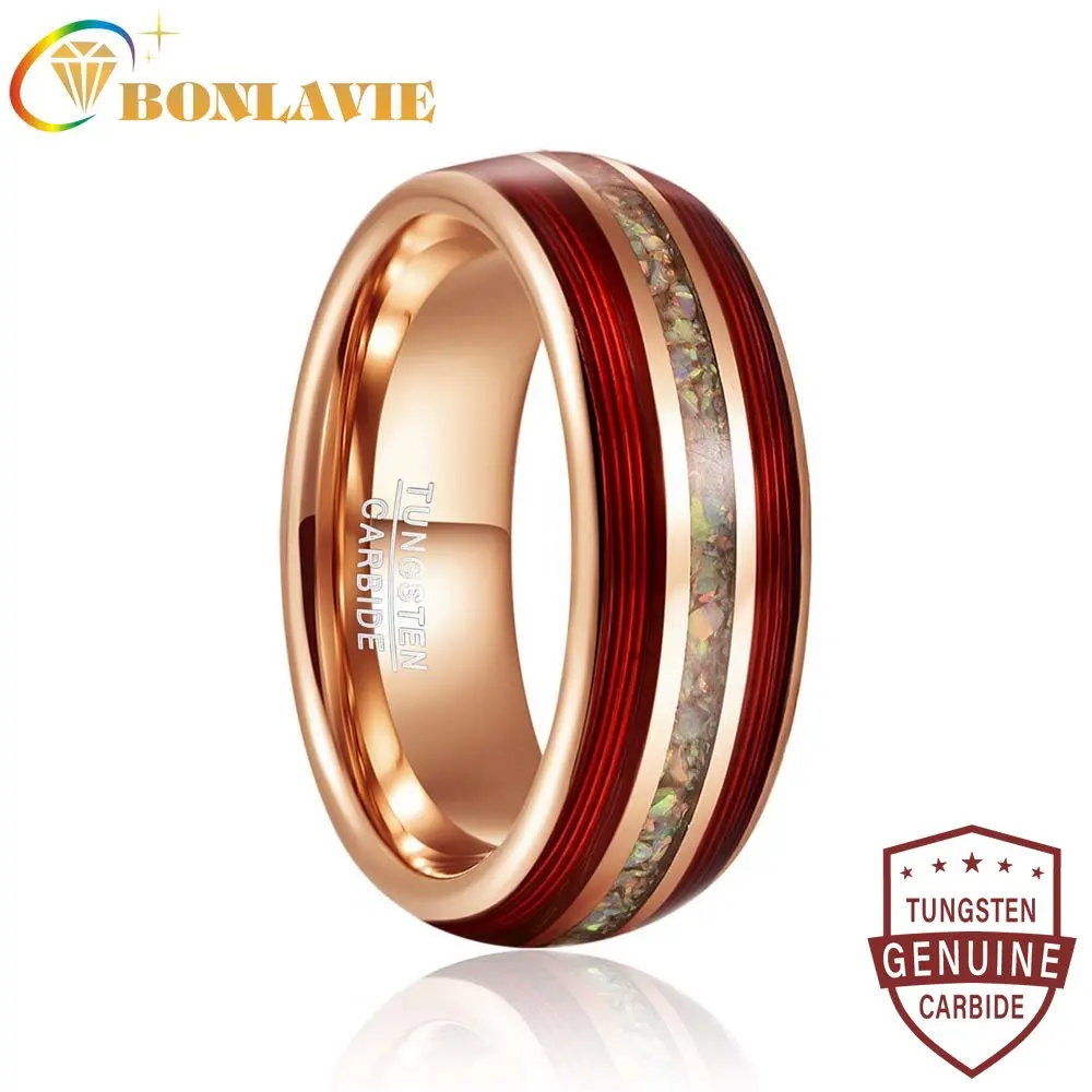 

BONLAVIE 8mm Electric Rose Gold Color Inlaid Red Guitar String Broken Opal Tungsten Steel Ring Wedding Rings for Men Size 7-12