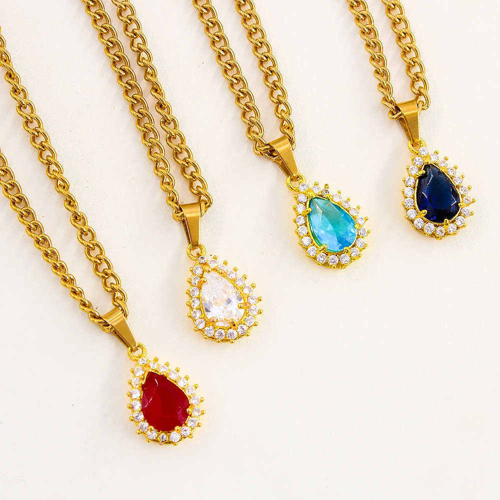 

2022 New Tremdy Water Drop Diamond Crystal Pendant Necklace Women Summer Party Gift 18K Gold Cuban Chain Kpop Jewelry YS293