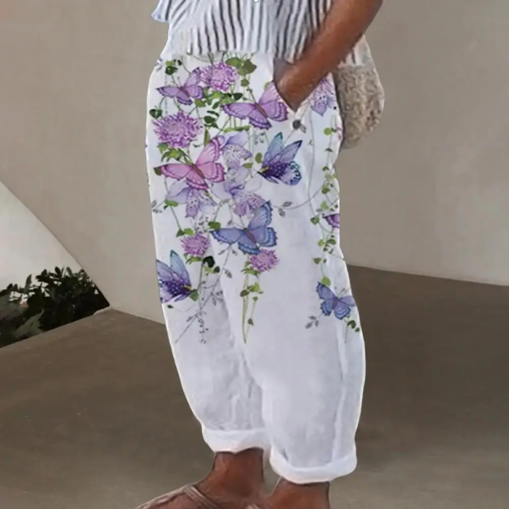 

Attractive Harem Pants Summer Floral Print Temperament Vintage Elastic Waist Sweatpants Women Pants Solid Color